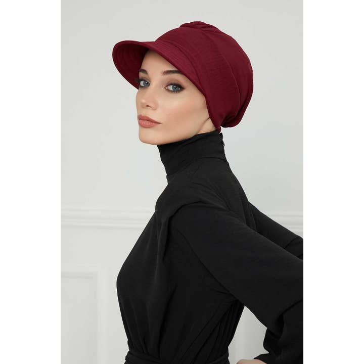 Högkvalitativ Newsboy Damhatt, Förknuten Turban tillverkad av Högkvalitativt Rynkbeständigt Aerobintyg, Skärmad Omedelbar Turbantäckning, B-73A för wholesale av Aisha's Design