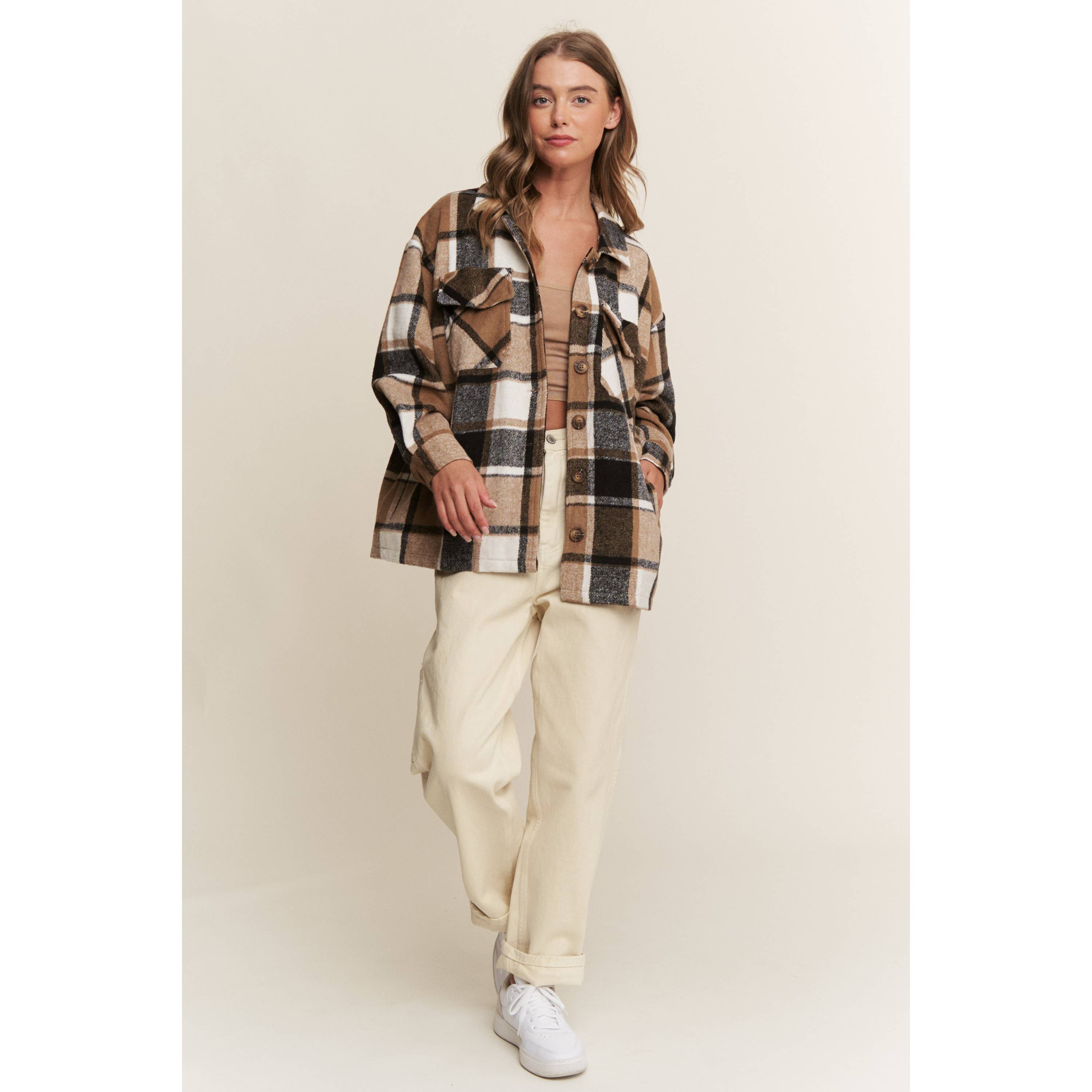 Sweet Generis - Wholesale Shirt Jacket/Shacket - Women's - FUZZY PLAID BUTTON DOWN FLANNEL SHIRT JACKET5