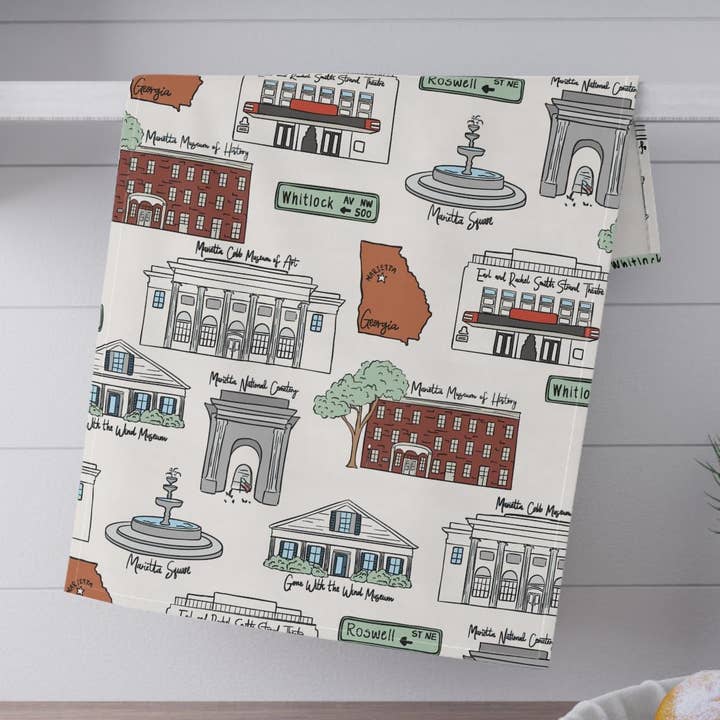 Marietta Georgia Illustrated Kitchen Towels, Kitchen Decor, Farmhouse Style, Gift for Hosts, Unique Kitchen Linens, Smryna GA Pattern for wholesale by OhhhSoPeachy