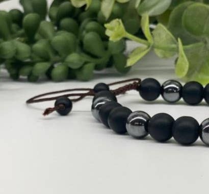Meraki Gemstones - Wholesale Beaded Bracelet - Black Obsidian-Matte and Hematite Adjustable Bracelet 8mm1