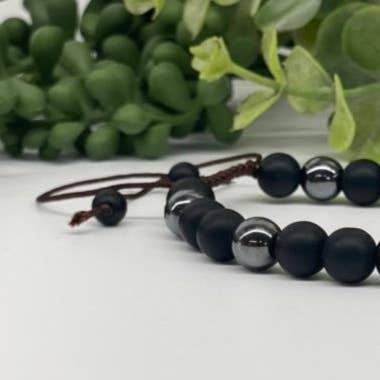 Meraki Gemstones - Wholesale Beaded Bracelet - Black Obsidian-Matte and Hematite Adjustable Bracelet 8mm1