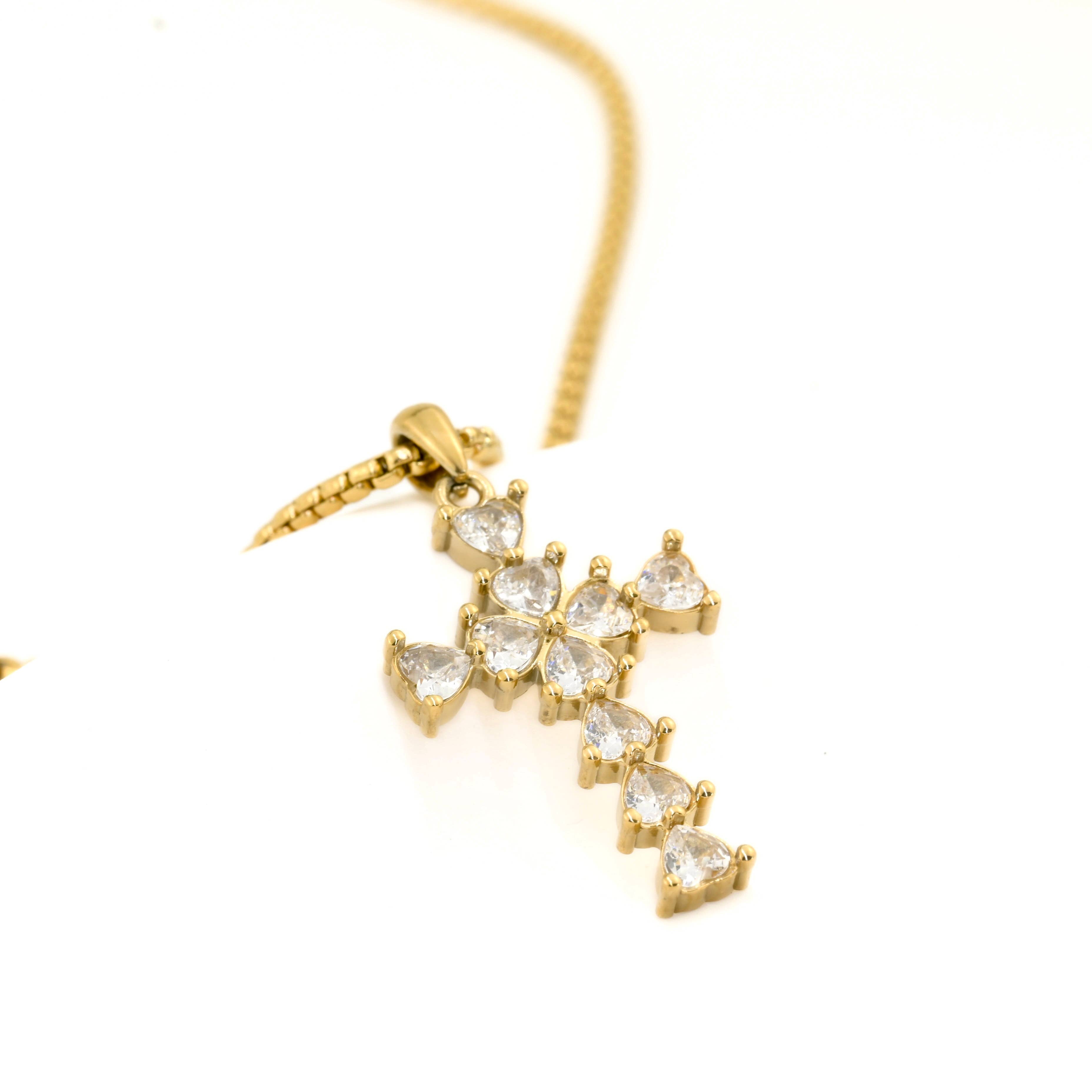 Blueyejewelry - Wholesale Pendant/Charm Necklace - Long Diamond Cross Necklace with Heart Shaped Stones0