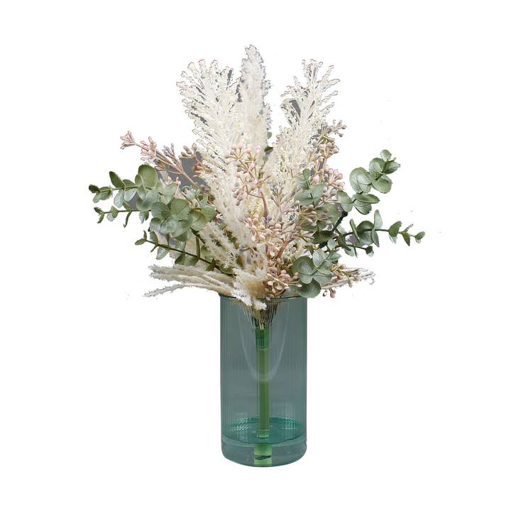 Arrangement floral artificiel de 15” dans un vase en verre bleu sarcelle pour la vente par Flora Bunda Inc