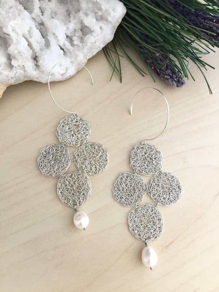 Wire Crochet Maya Earrings In Sterling Silver Or Brass for wholesale by Pyrite and Pearls