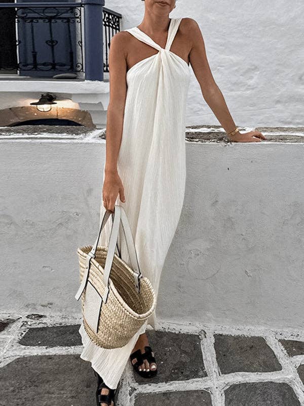 BEIGE Loose Sleeveless Pleated Solid Color Spaghetti-Neck Maxi Dresses for wholesale on Faire
