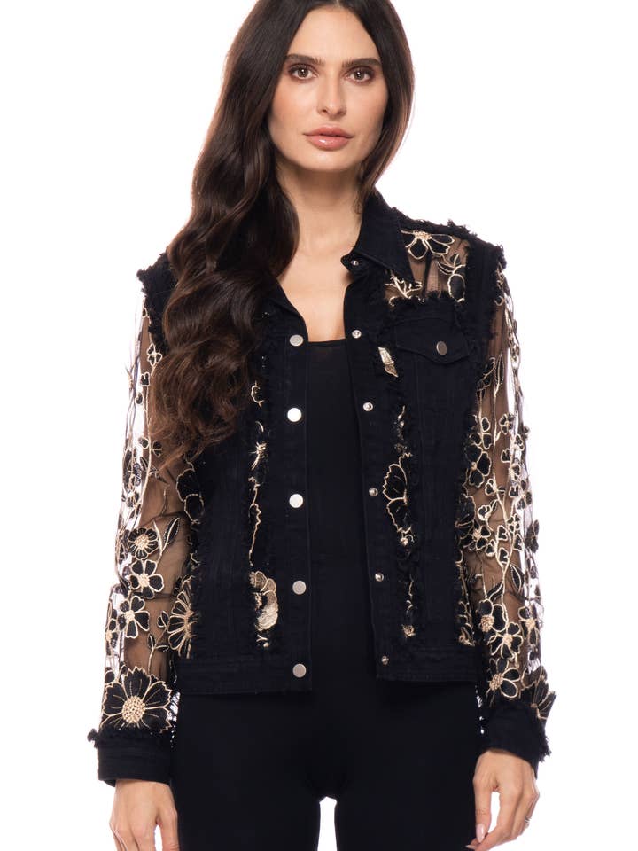 2626B Floral Embroidered Mesh Sleeve Denim Jacket for wholesale by Adore