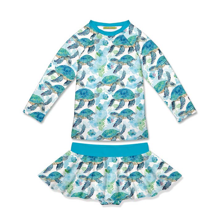 Girls Turtle Wonder Long-Sleeve Skirted Rashguard Swim for wholesale by Millie Loves Lily