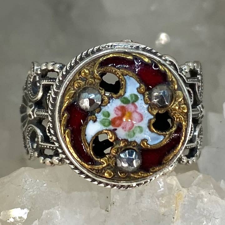 Antique Button Jewelry by Elizabeth Ngo - Wholesale Cocktail/Statement Ring - Hand Painted Enamel Floral Antique Button set in  Filigree Sterling Silver Ring Size 80