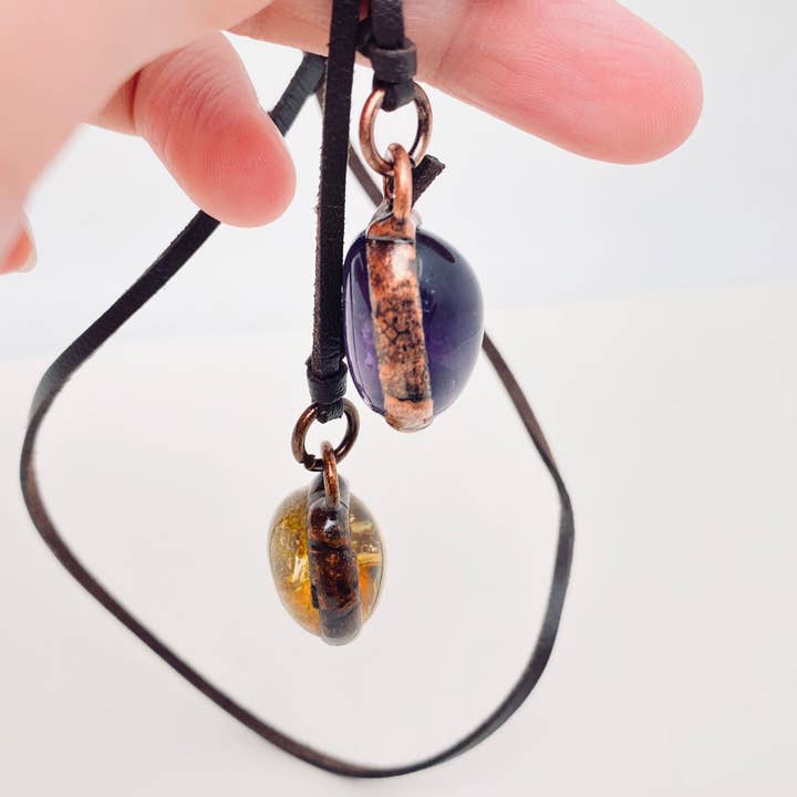 Mio Queena - Wholesale Y-neck/lariat necklace - Citrine & Amethyst Pendant PU Leather Lariat Necklace - CS2