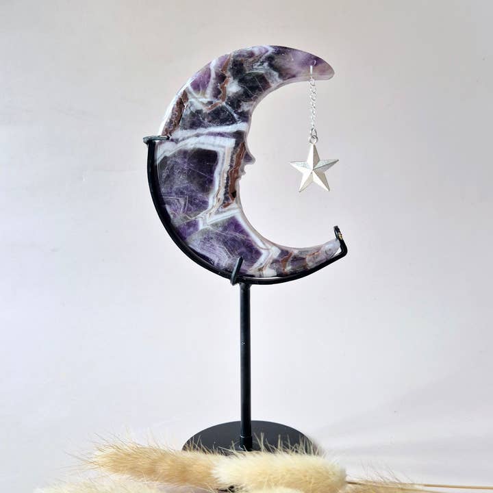 Moonlight Gemstones - Wholesale Decorative Tabletop Object - Dream Amethyst Moon on Stand – 10cm #44 - Gemstone Face Engraving Spiritual Interior0