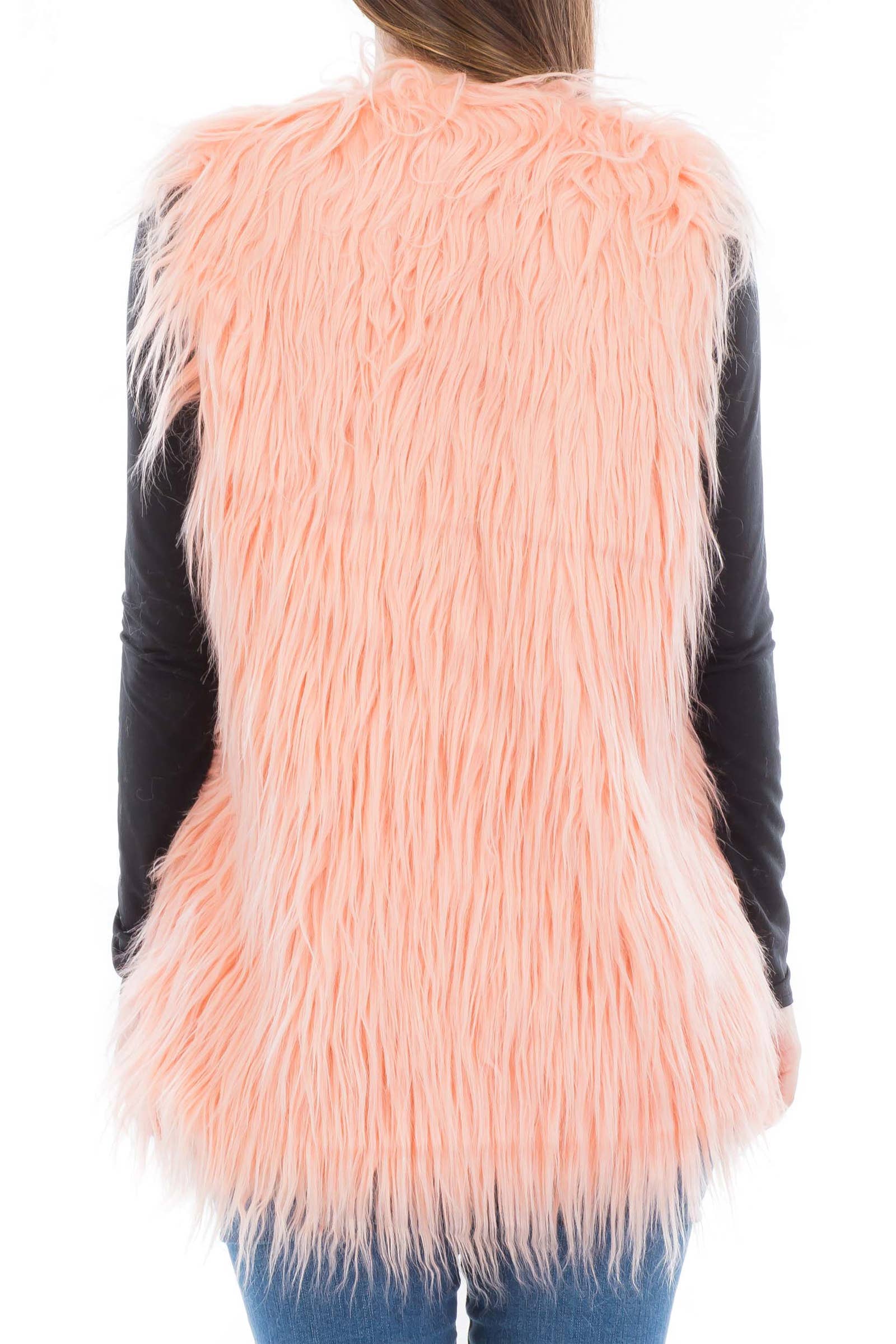 PEACH Solid Colored Long Shaggy Faux Fur Vest With Hook for wholesale on Faire1