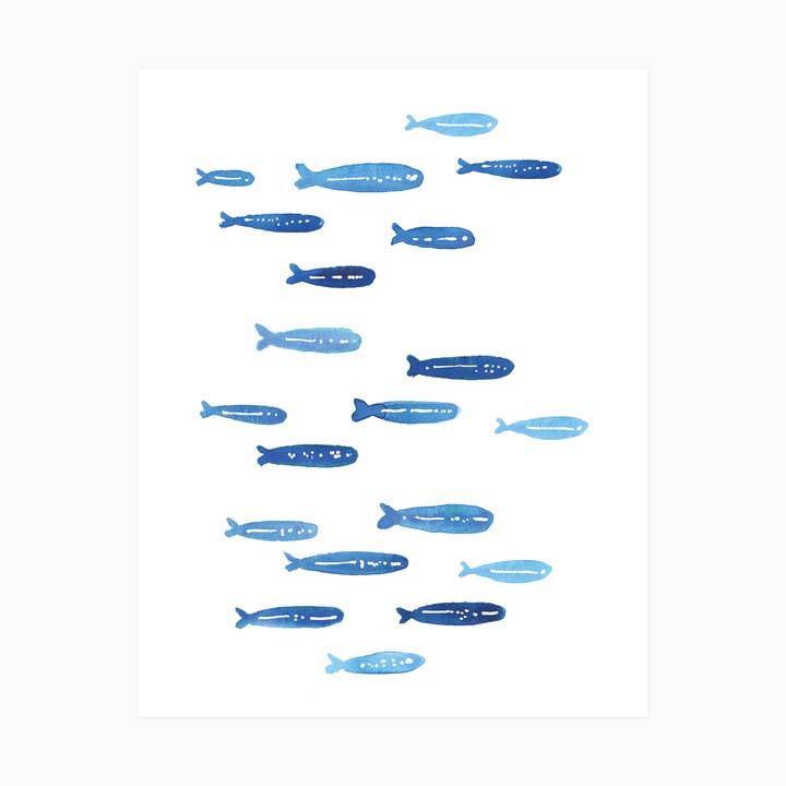 Billy Blue Watercolor Sardines Coastal Art Print for wholesale by Evergreen Summer