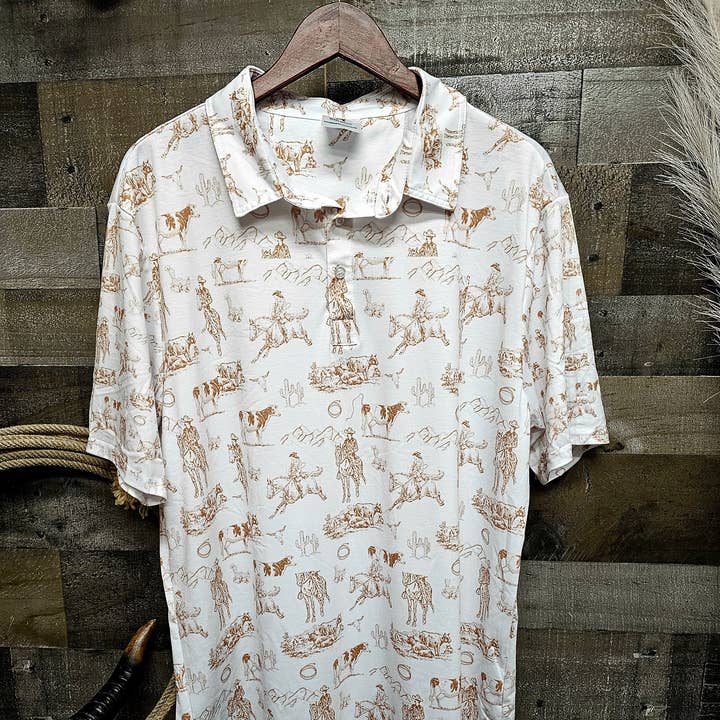 Ranch Life Men's Western Polo Shirt with tan print for wholesale by BAHA RANCH WESTERN WEAR