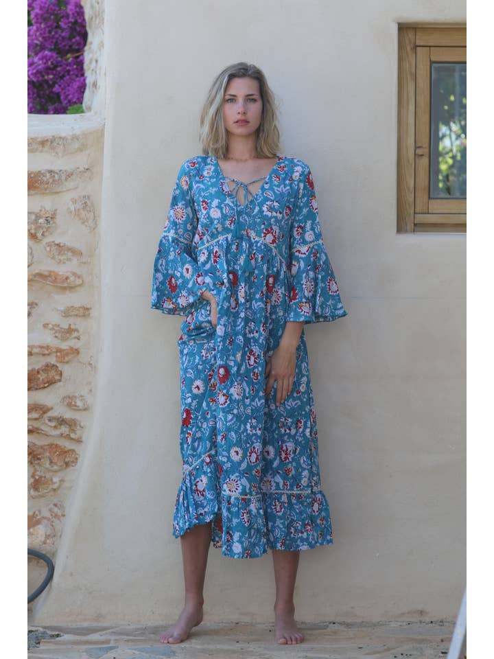 Aurobelle Ibiza - Wholesale Dress - Women's - Byron boho dress long in Jaipur blue hand block print