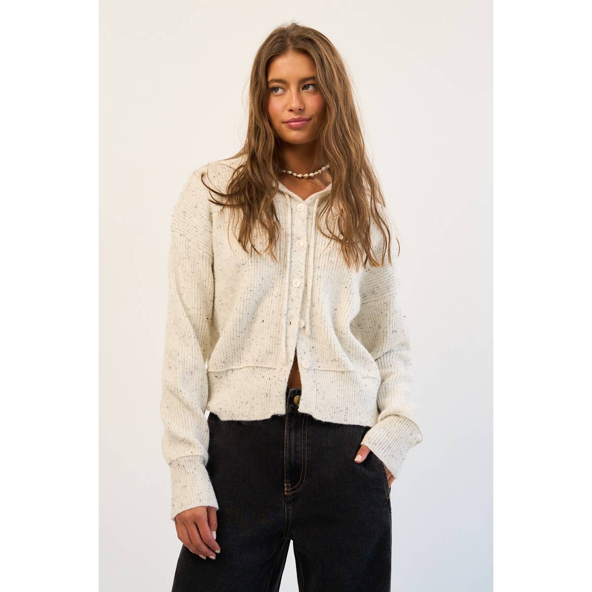 The GREii - Vente Pull en maille – femme - Cardigan à capuche en tricot moucheté avec boutons10