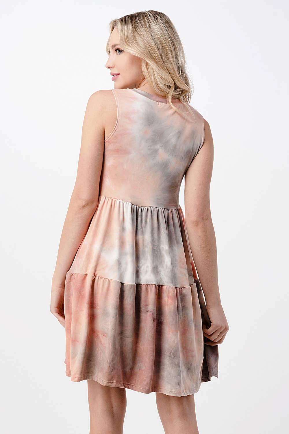 Pink Grey Sleeveless Tiered Tie-Dye Dress for wholesale on Faire5