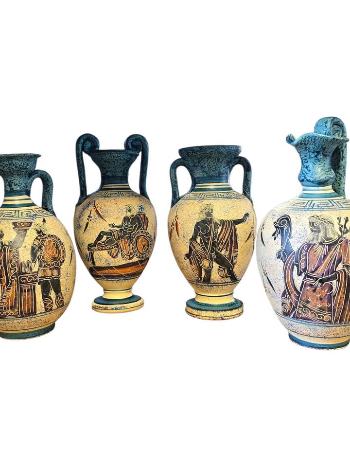 Vase de dieux et déesses grecs, fabriqué et peint à la main — bleu aqua, importé d'Athènes (8,5") pour la vente par 2 Greeks Inc