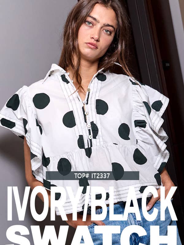 BUCKETLIST - Wholesale Dress - Women's - ID4283 Ruffle Sleeve Pintuck Detail Polka Dot Mini Dress