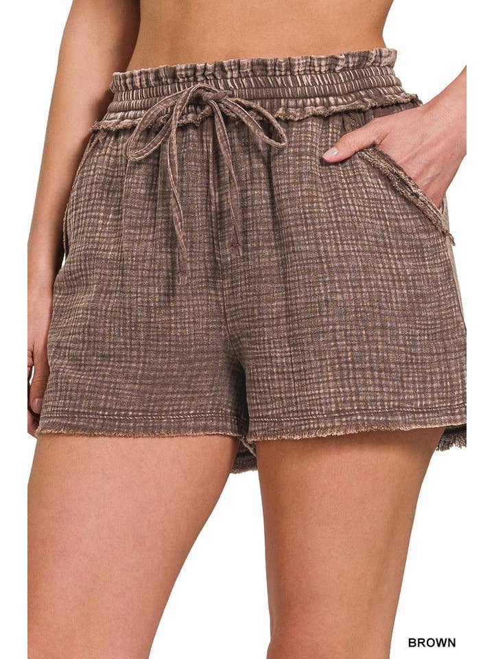Vanilla Monkey - Wholesale Shorts - Women's - Washed Double Gauze Frayed Hem Drawstring Shorts