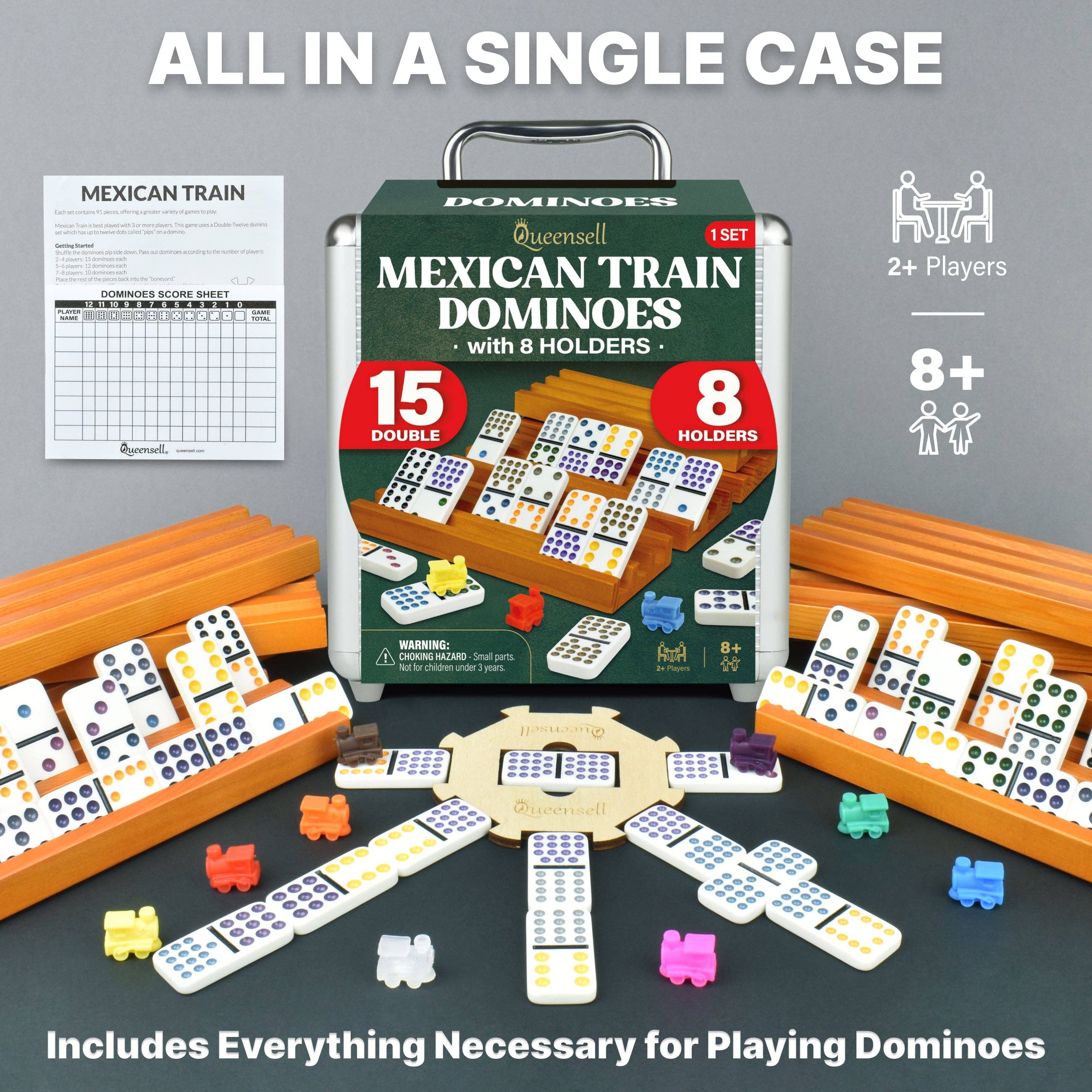 Queensell - Wholesale Dominoes - Mexican Train Dominoes Set Double 15 with 8 Holders6