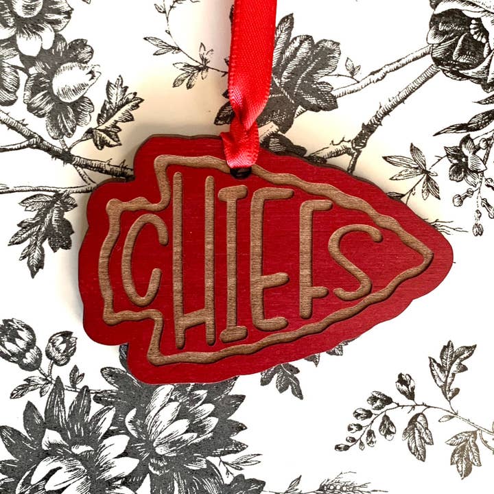 Kansas City Chiefs Red Wood Engraved Ornament Gift Option for wholesale by The Brassy Explorer