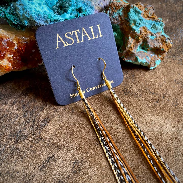 ASTALI - Wholesale Tassel Earrings - Mini Feather Earrings - Grizzly & Fawn/Gold, Boho Western