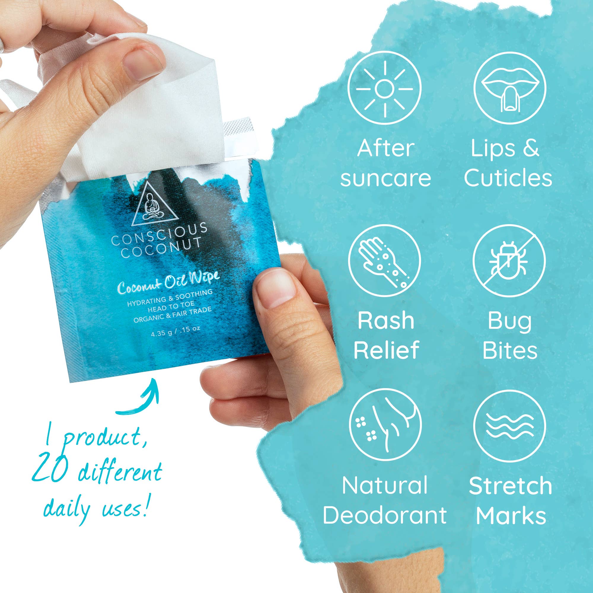 Conscious Coconut - Wholesale Face & Body Wipes - Coconut Oil Wipes for Rashes, Sunburns & Hydration (5 Wipes)5