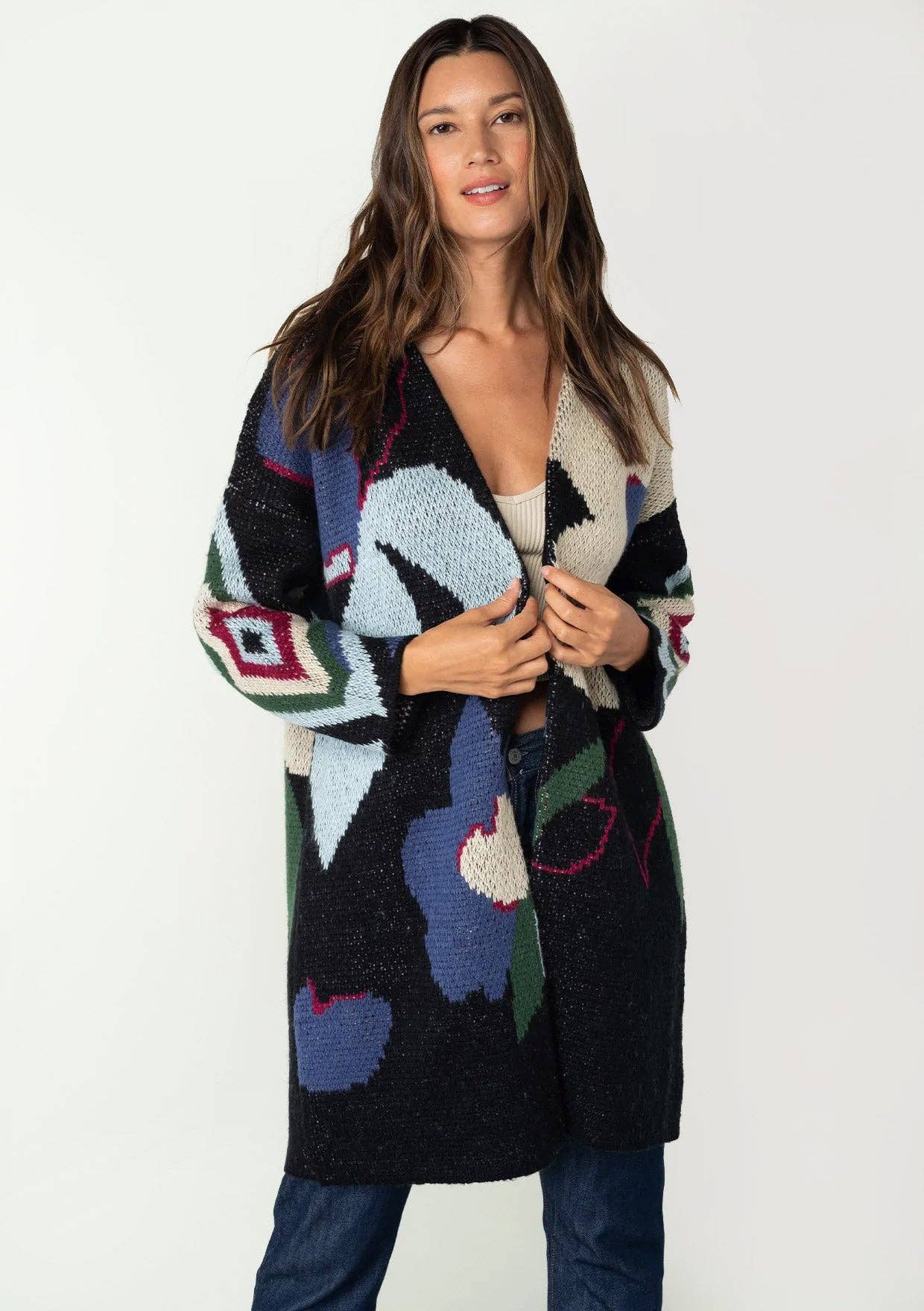 Marine/Multi Cardigan à devant ouvert en jacquard floral géant en vente sur Faire