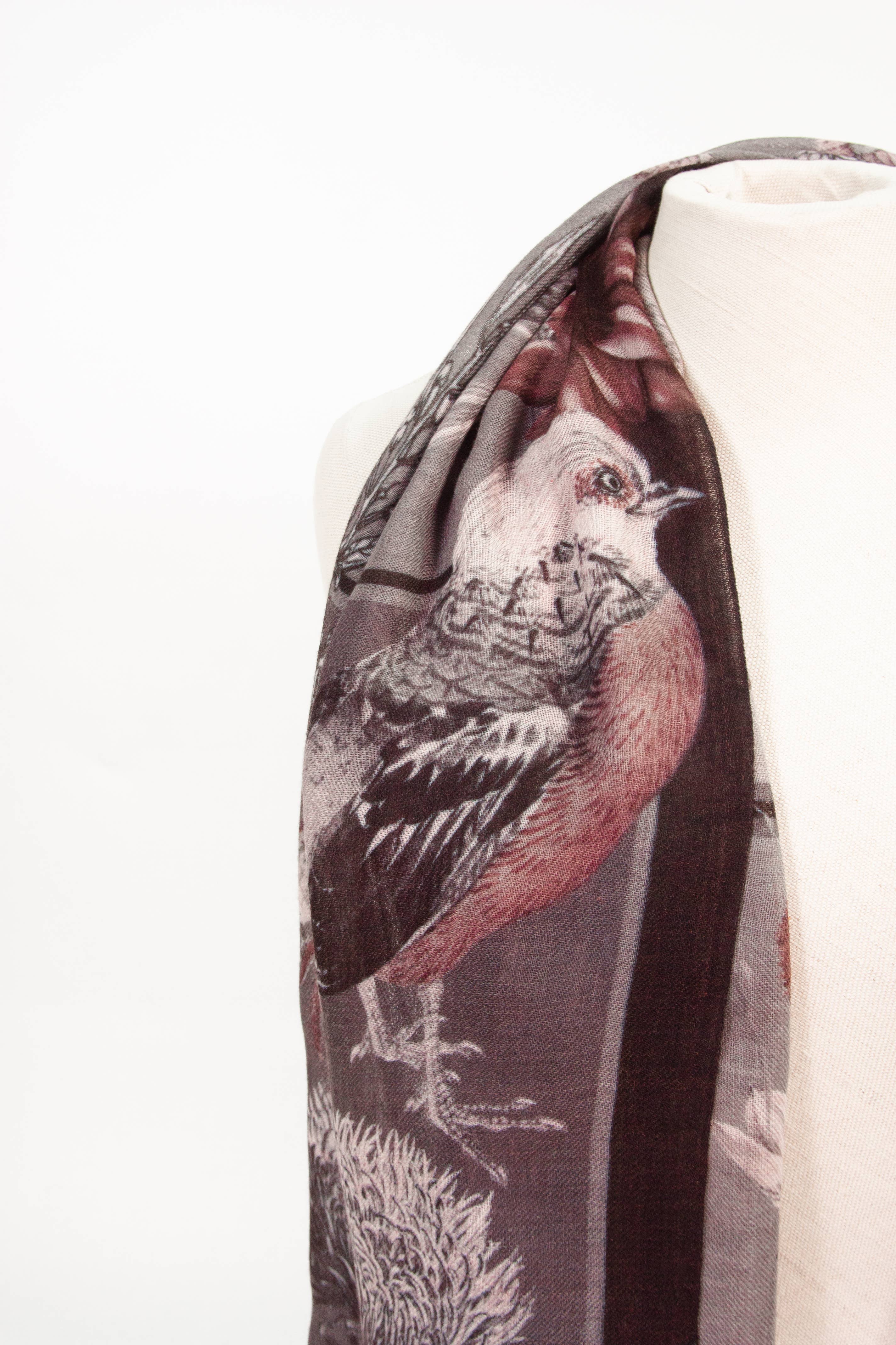 estelle - Venta al por mayor Bufanda - Mujer - Bufanda de lana fina/Flora & Fauna / antracita-burdeos2