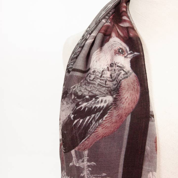 estelle - Venta al por mayor Bufanda - Mujer - Bufanda de lana fina/Flora & Fauna / antracita-burdeos2