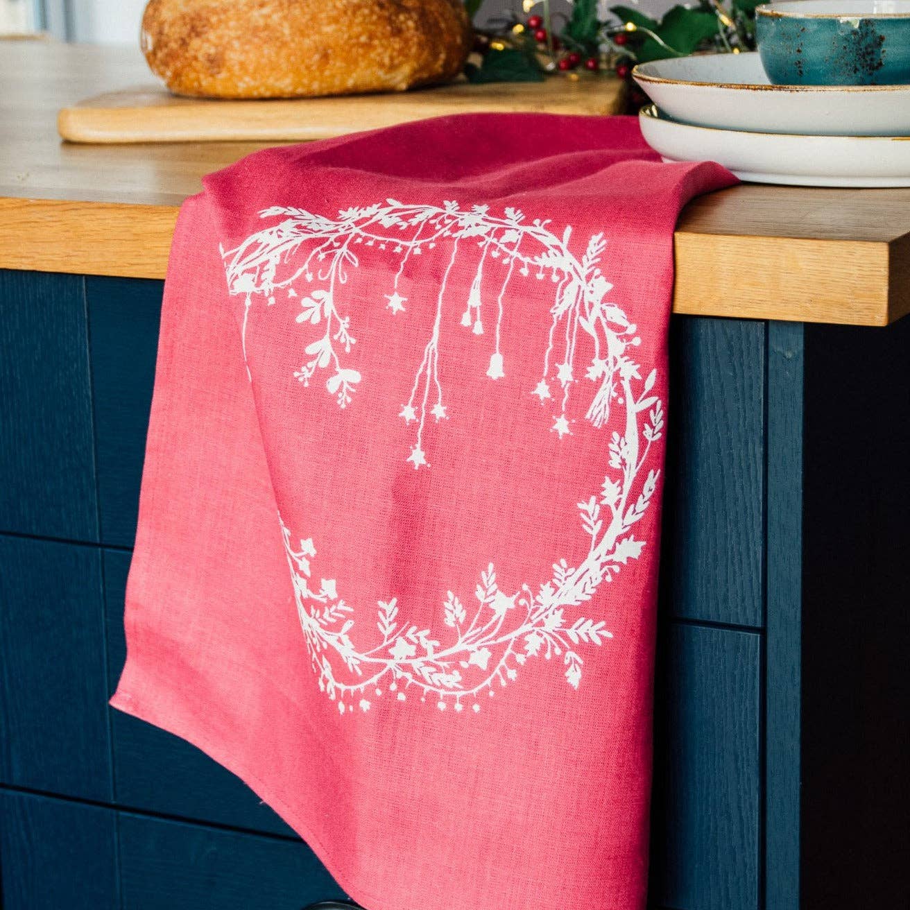 Helen Round - hand printed linen and bamboo wellness - Wholesale Tea Towel - Linen Tea Towel Handprinted Christmas Design - Kitchen Towel3