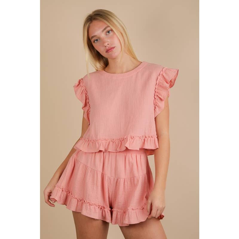 IVE - Vente Ensemble haut et short (PAS d'intérieur) - Femme - Ensemble haut tissé uni à volants ET short18