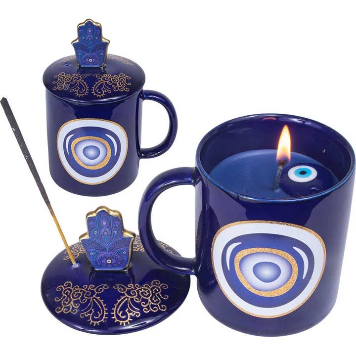 3 in 1 Ceramic Mug Candle & Incense - Fatima Hand Design for wholesale by Kheops International