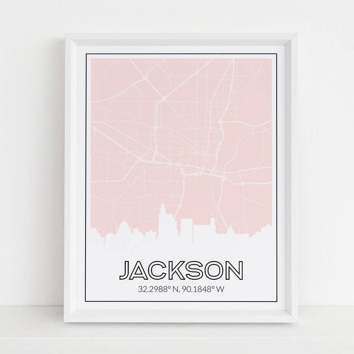 Jackson Mississippi map and skyline art print with city coordinates for wholesale by Paperfinch Design