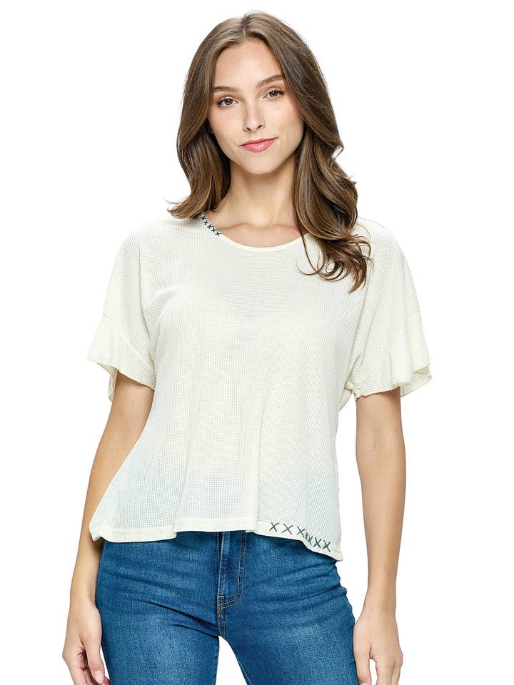 REA Topp Vaffelstickad Handstickade Detaljer för wholesale av Yak & Yeti