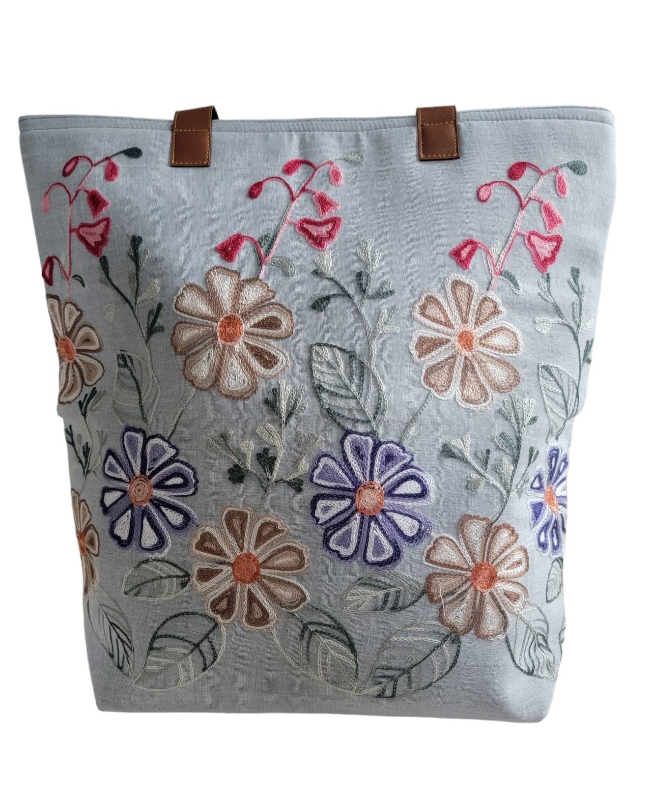 Evergreen Guardian Imports - Wholesale Tote Bag - Women's - BA723 Tote Handbag Thai Cotton Floral Embroidery Pale Grey1