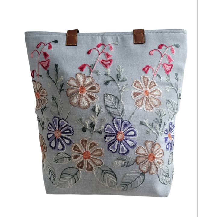 Evergreen Guardian Imports - Wholesale Tote bag – Women's - BA723 Tote Handbag Thai Cotton Floral Embroidery Pale Grey1