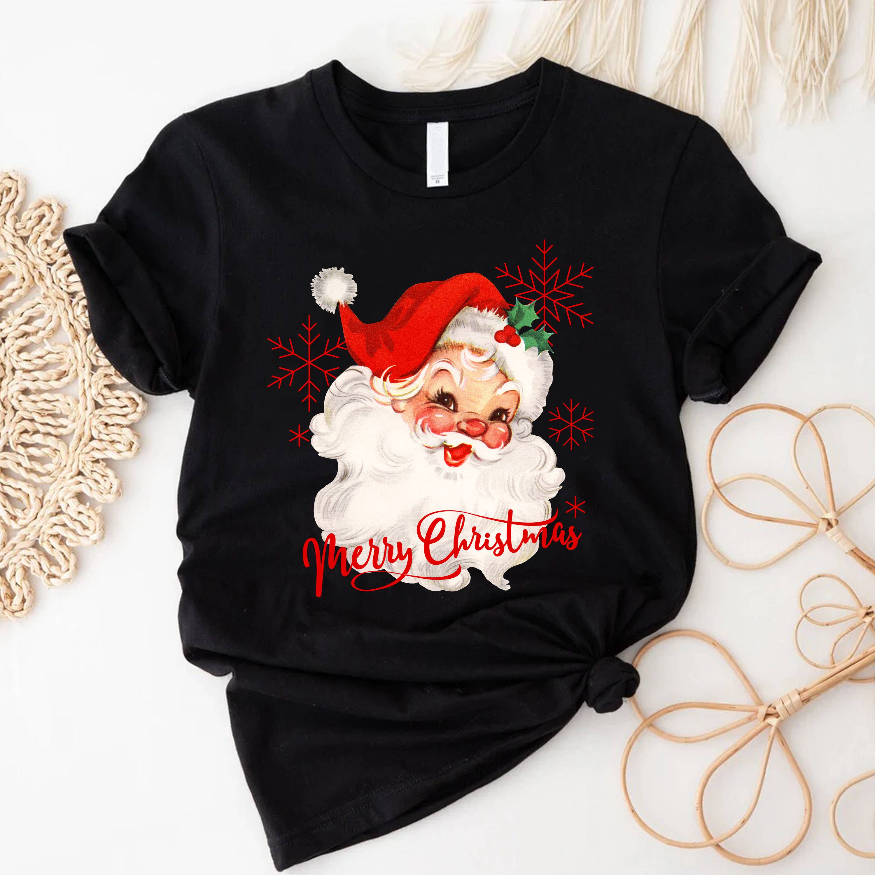 STARCHIS - Vente T-shirt sérigraphié – femme - Joyeux Noël, père Noël vintage, rouge0