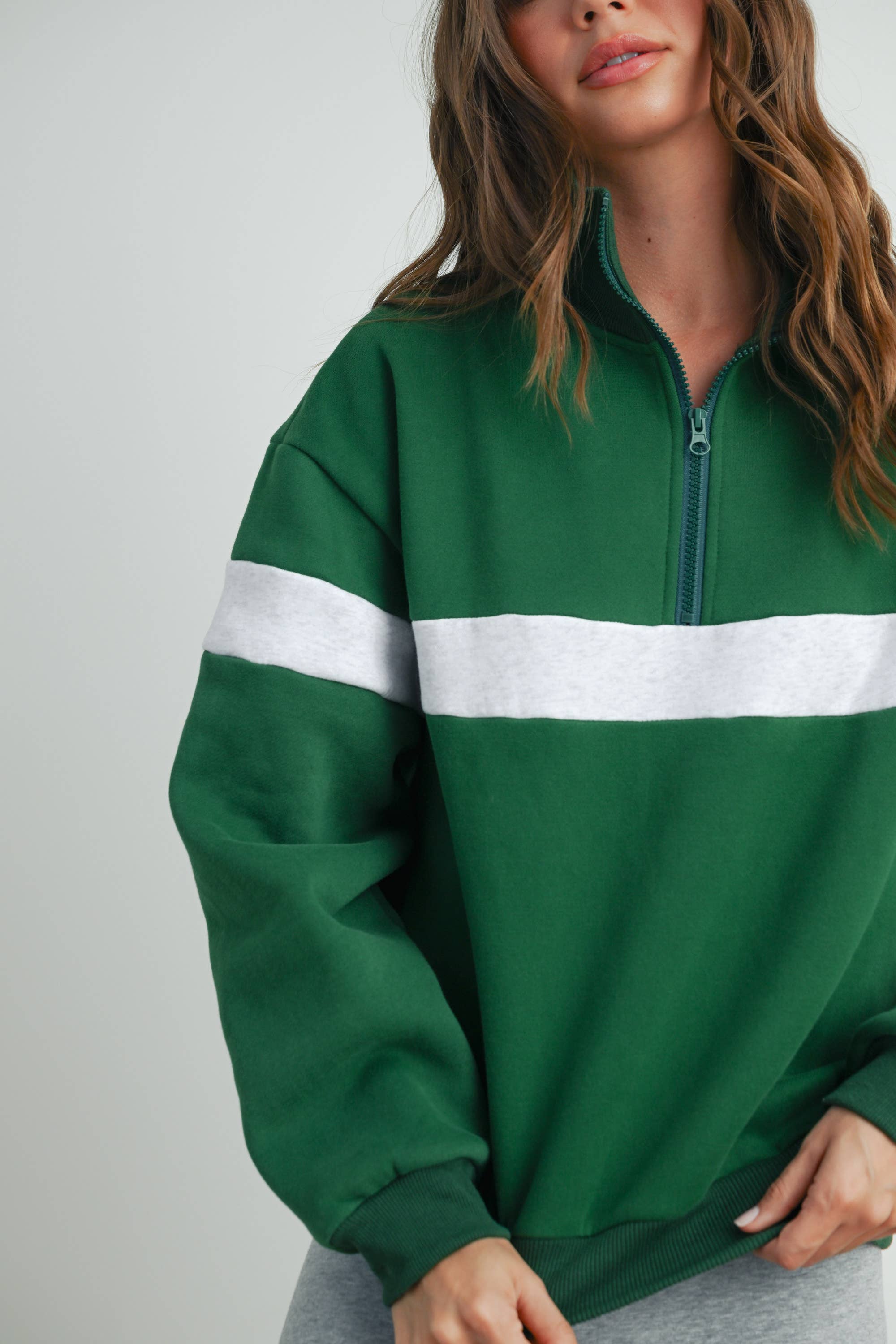 BUTTERMELON - Wholesale Sweatshirt - Women's - Two-Toned Half Zip Collar Sweatshirt - BMT753556