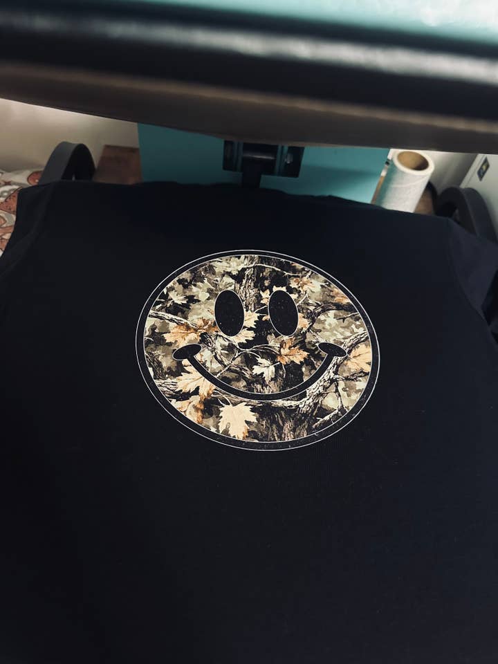 Camo Smiley HTV Transfer for wholesale by Spurs & Spades