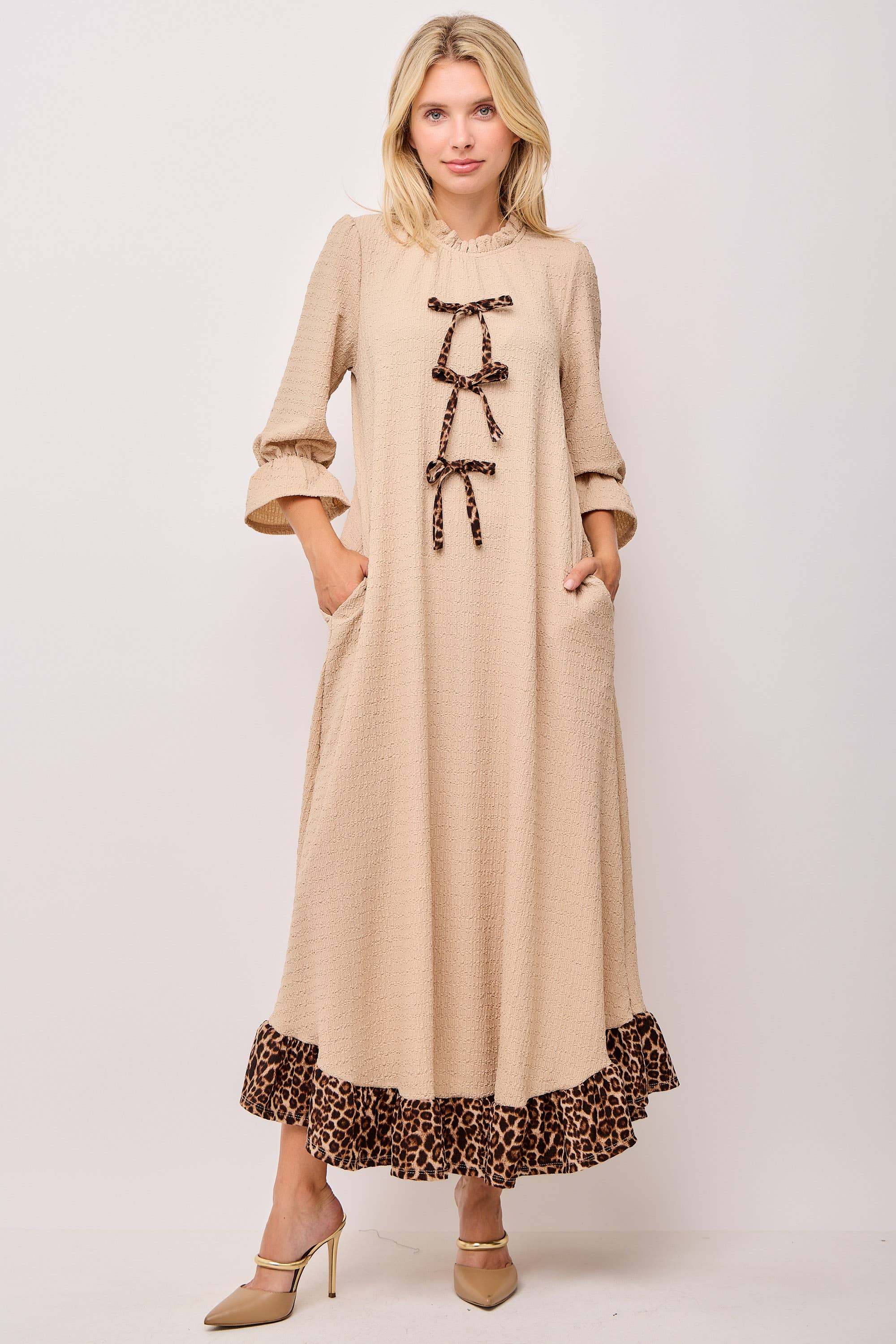 Celeste Clothing - Wholesale Dress - Women's - WOMEN'S PLUS SIZE  MAXI DRESS -LEOPARD CONTRAST AND BOWS 23