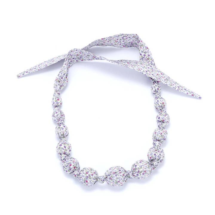 Girls Beaded Cloth Necklace - Vintage Floral - Lavender for wholesale by Peppercorn Kids