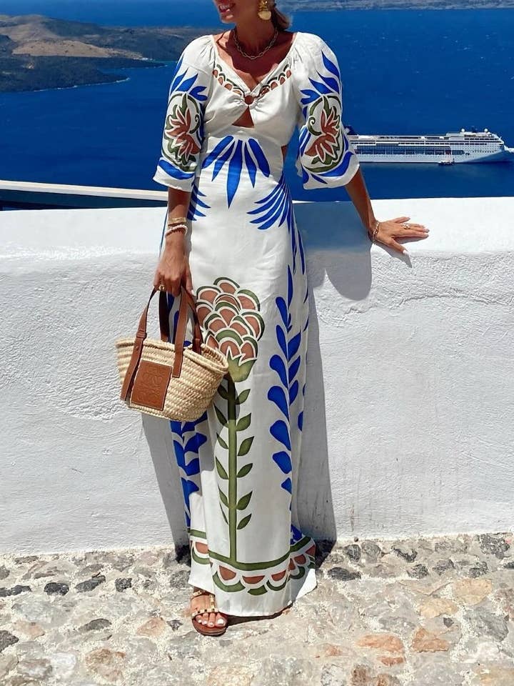 White Ethnic Style Printed Waist-Defining Backless Vacation Dress for wholesale on Faire3