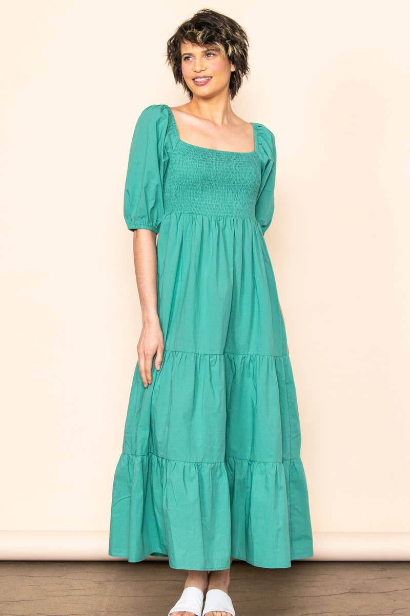 Elloh Collection - Wholesale Dress - Women's - On Off Shoulder Half Sleeve Cotton Smocked Tiered Maxi Dress0