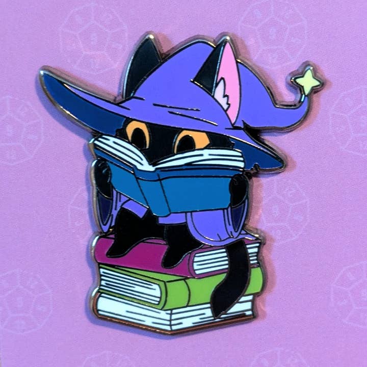 Wizard Cat on Pile of Books Hard Enamel Pin -1.5" for wholesale by Mimic Gaming Co