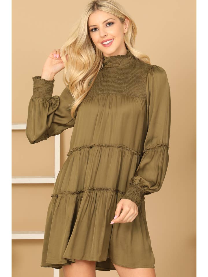 MYS Wholesale Inc - Wholesale Dress - Women's - Shirred High Neck Puff Sleeve Tiered Satiny Dress