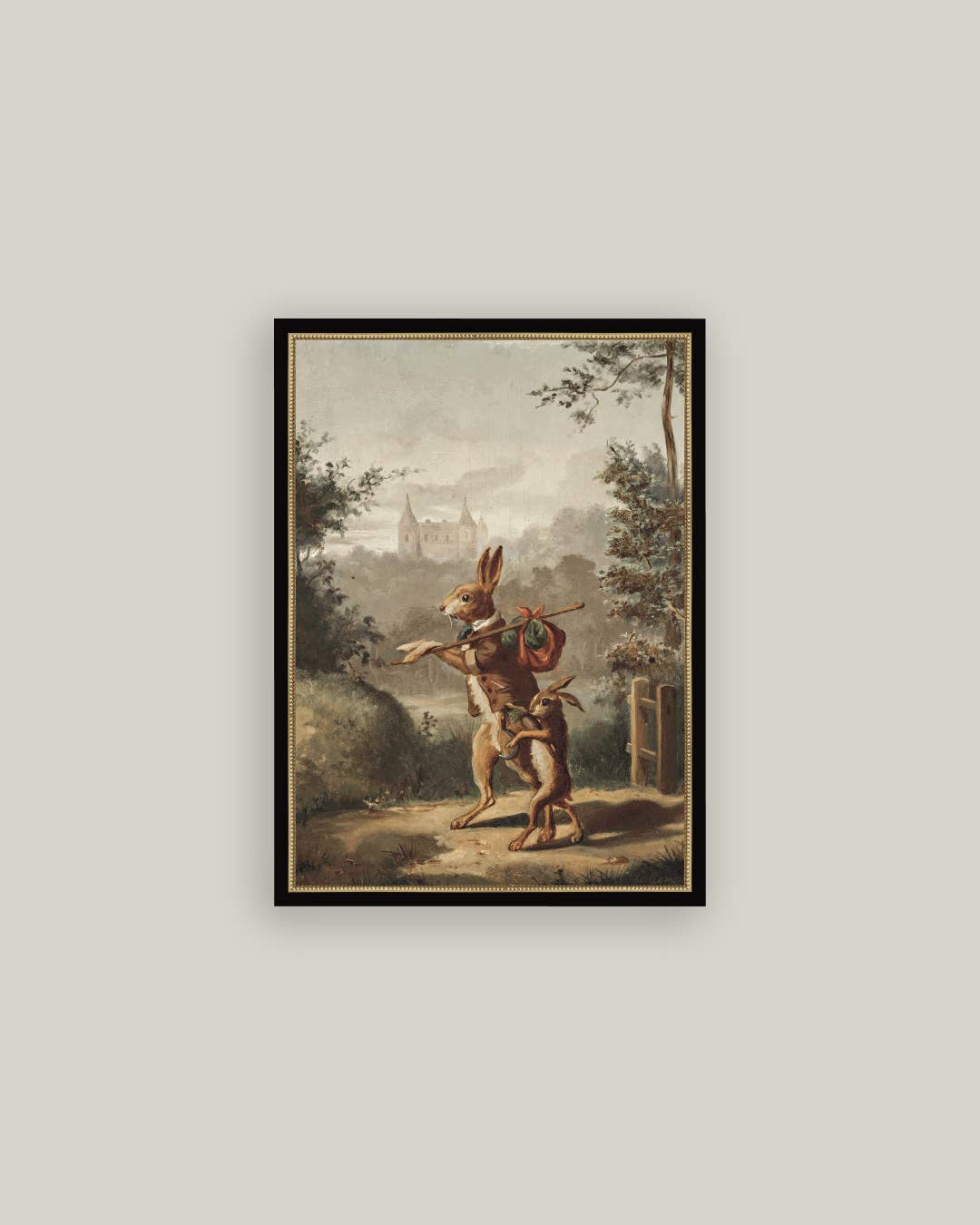 Petal Lane Home - Venta al por mayor Juego de ilustraciones - Arte antiguo enmarcado con un conejo viajero1