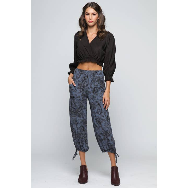 DUSTY DENIM COMBO Washed Paisley Printed Crepe Balloon Pants for wholesale on Faire1
