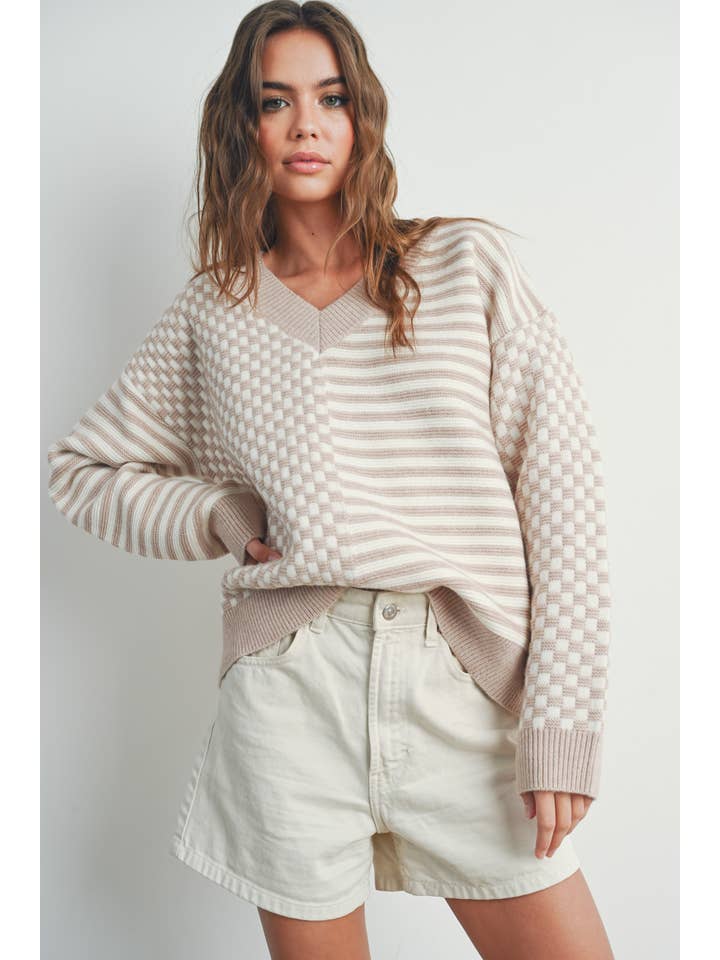 BUTTERMELON - Wholesale Knit Sweater - Women's - Frenchy Checker Pattern Drop Shoulder Sweater - BMW7311
