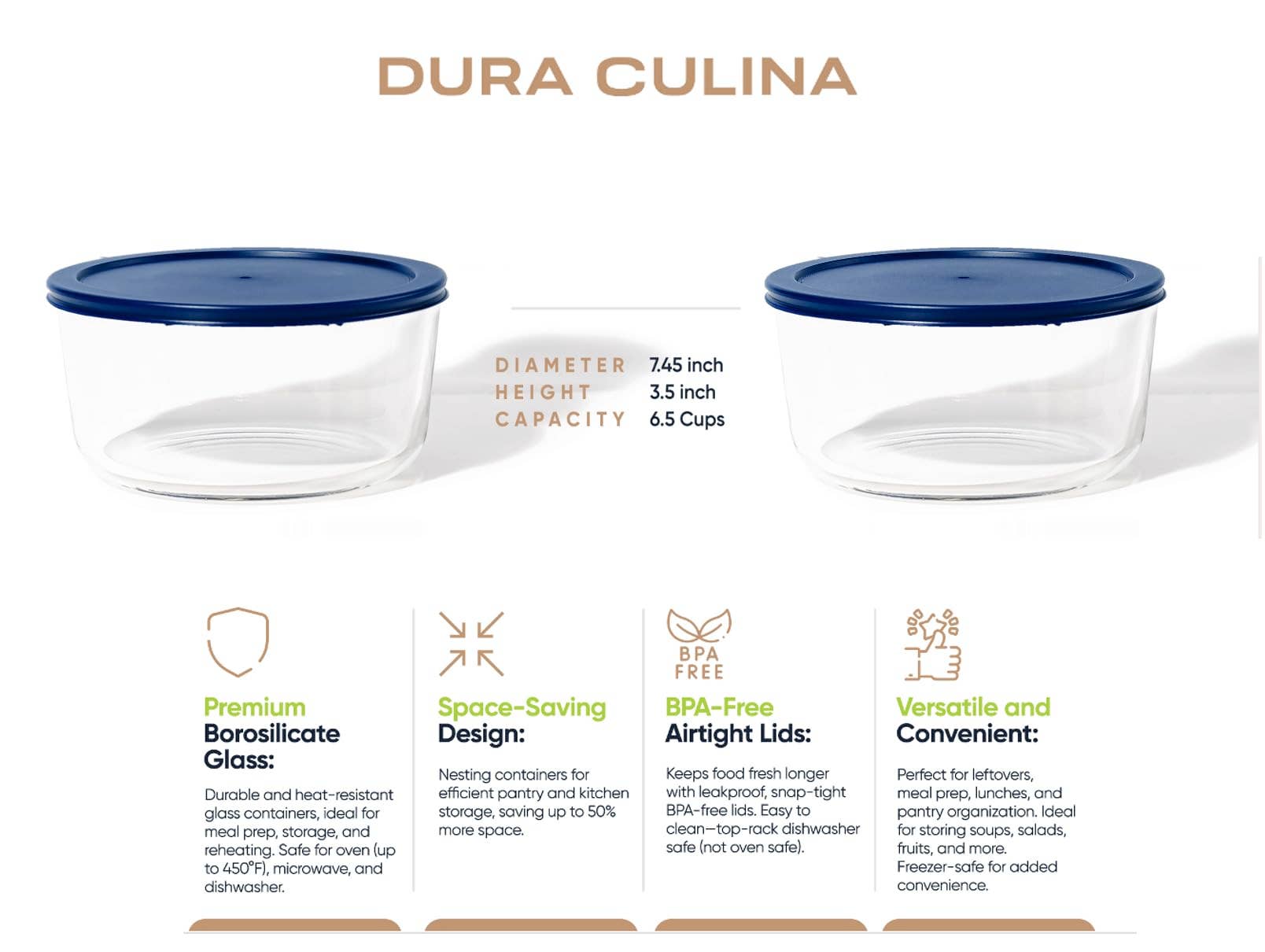 Dura Living LLC - Vente Boîtes de conservation - Ensemble de récipients ronds en verre pour le stockage des aliments de 8 pièces (6,55 tasses / 52 oz) (4 récipients + 4 couvercles) avec couvercles supplémentaires3